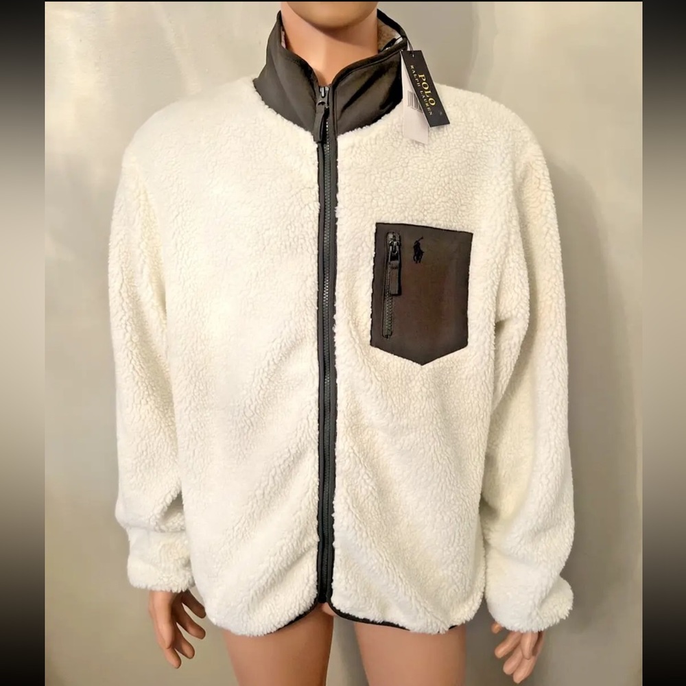 Polo Ralph Lauren fleece jacket Men’s Large White & Olive Green NWT Size Large